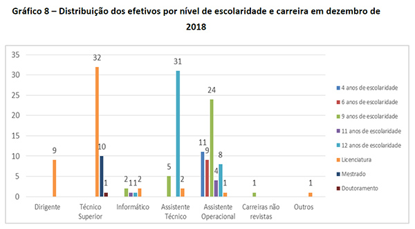 Gráfico 8 – Distribuição dos efetivos por nível de escolaridade e carreira em dezembro de 2018