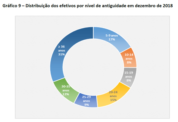 Gráfico 9 – Distribuição dos efetivos por nível de antiguidade em dezembro de 2018
